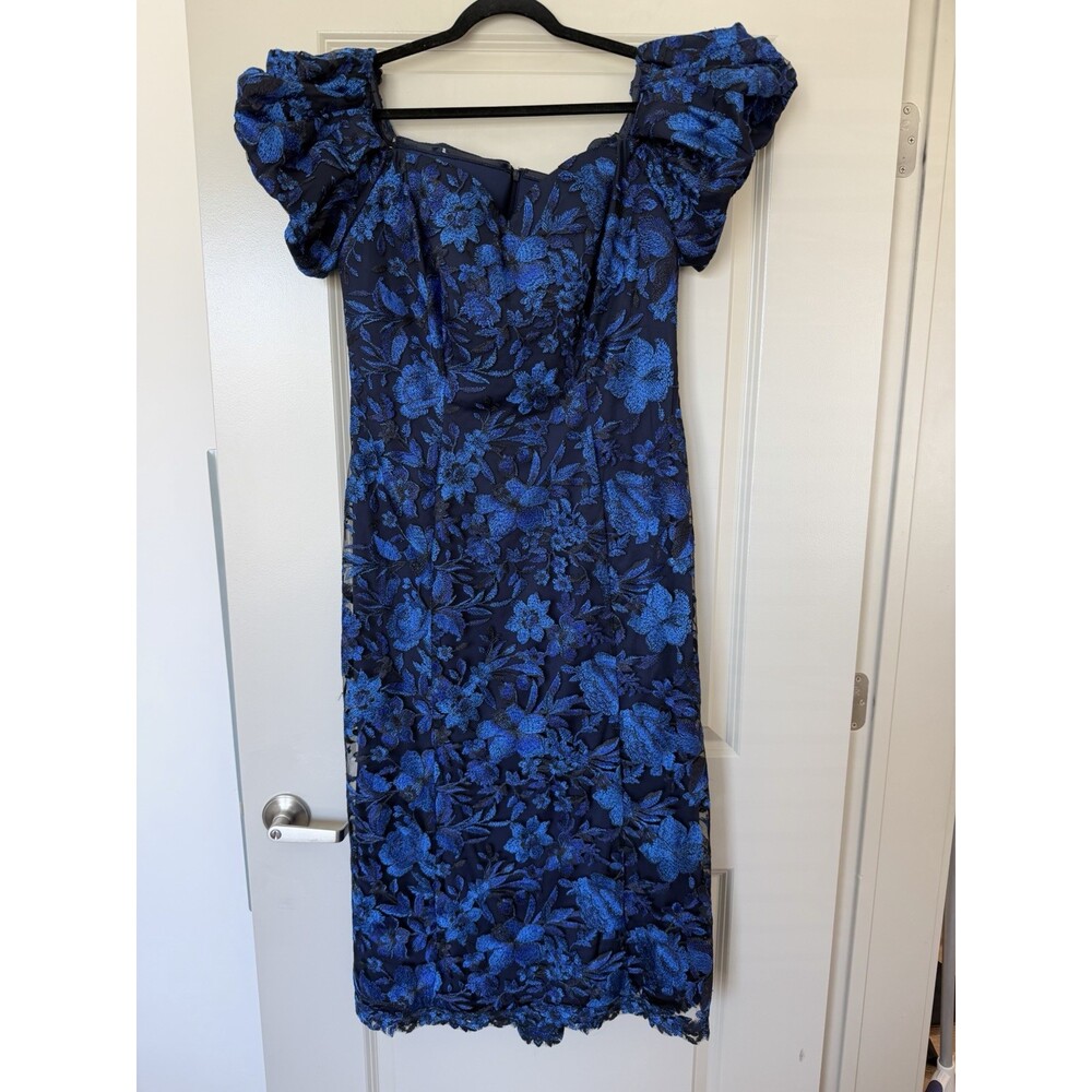 Tadashi Shoji Embroidered Floral Off-The-Shoulder Midi Dress Blue Black Size 14 - Picture 3 of 10